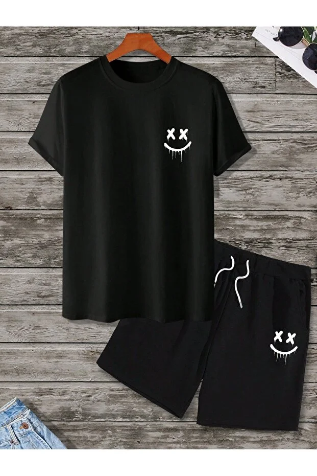 Erkek T-Shirt Şort - Şortlu Tişört Alt Üst Takım King Baskılı Bisiklet Yaka